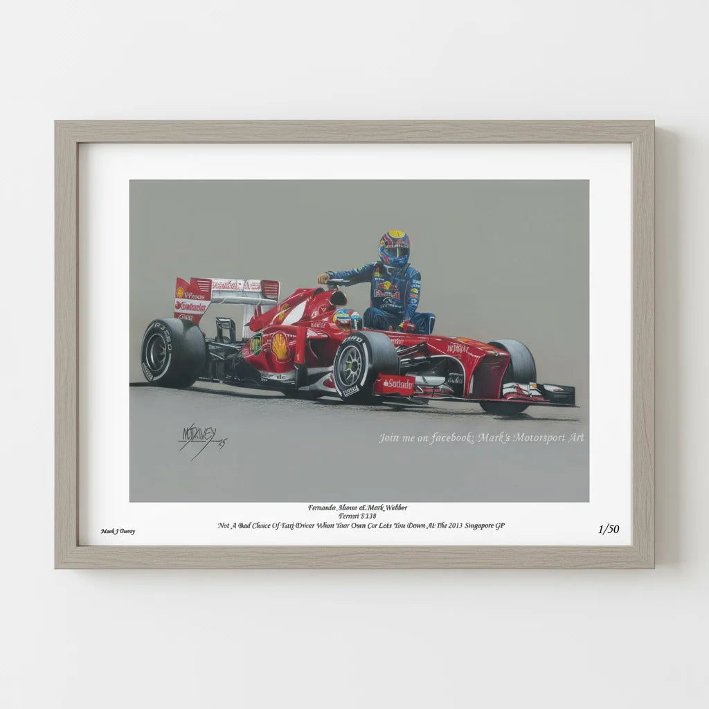 Fernando Alonso Taxi Ride For Mark Webber. Limited Edition Giclee Numbered Giclee Print & COA.