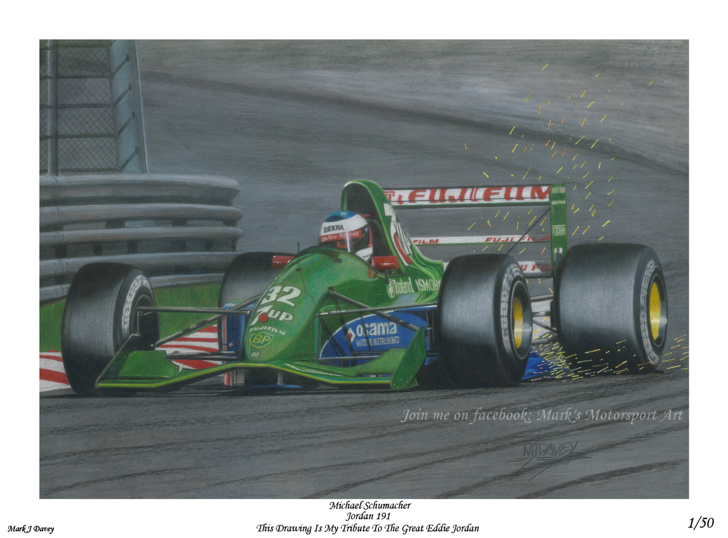 Jordan 191 With Michael Schumacher At The Wheel. Limited Edition Numbered Giclee Print with COA
