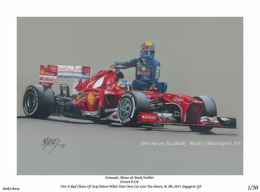 Fernando Alonso Taxi Ride For Mark Webber. Limited Edition Giclee Numbered Giclee Print & COA.