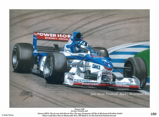 Arrows A18 with Damon Hill At The Wheel. Limited Edition Numbered Giclee Print. Only 50 Will Ever Be Produced, Comes With a COA