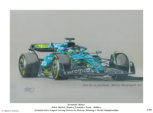 Fernando Alonso in his Aston Martin AMR24 - Giclee Print with Numbered Certificate Of Authenticity by Artist Mark J Davey