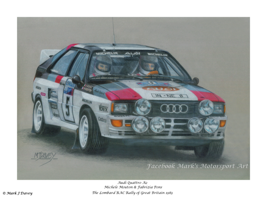 The Mighty Audi Quattro A2 Driven by Michele Mouton & Fabrizia Pons at the 1983 Lombard R.A.C. Rally of Great Britain. Giclee Print with Numbered COA