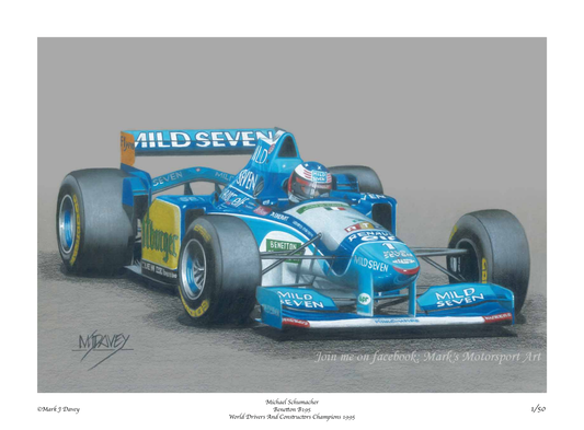 Benetton B195 With Michael Schumacher At The Wheel. Limited Edition Giclee Prints With COA. Only 50 Will Ever Be Produced