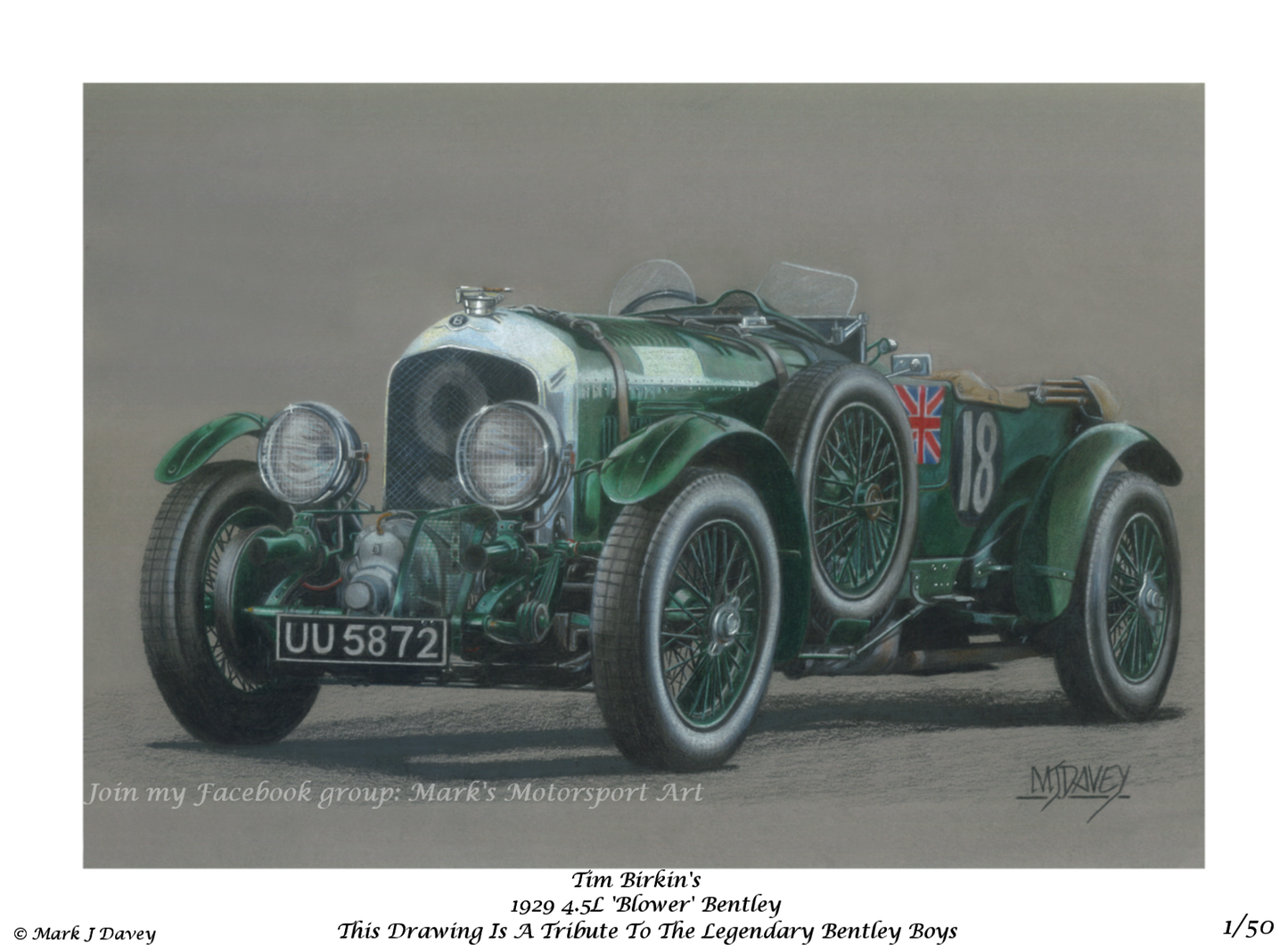 4½ Litre ‘Blower’ Bentley Giclee Print. Only 50 will ever be produced, all prints come with a Certtficate Of Authentication direct from the artist.