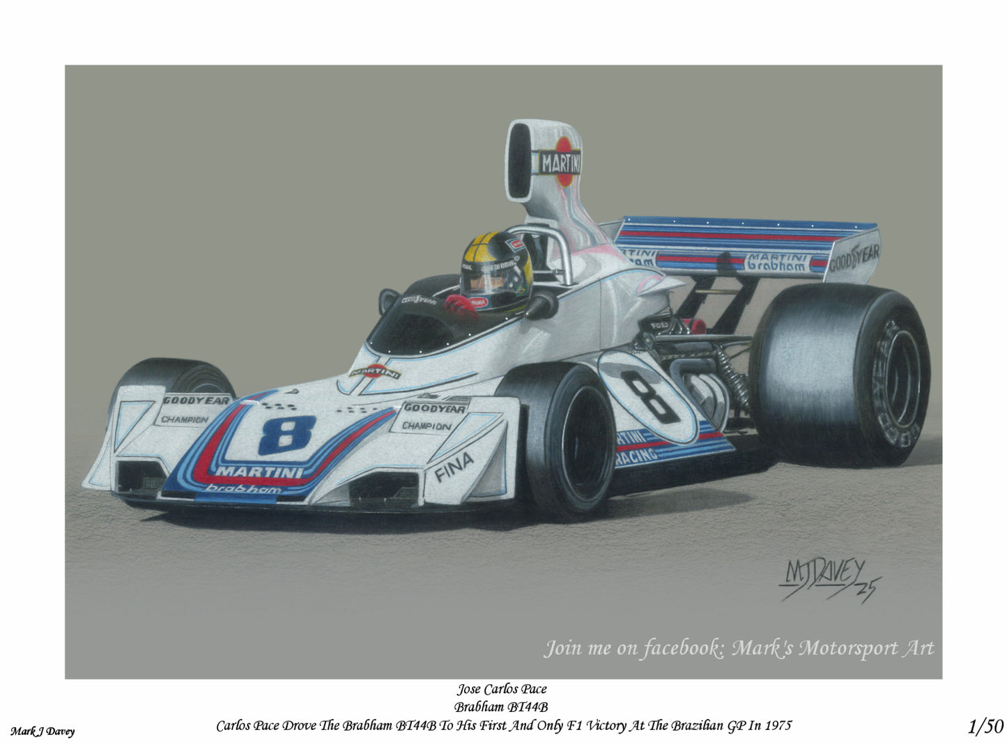 Brabham BT44B with Carlos Pace at the wheel. Limited Edition Giclee print with COA. Only 50 will be produced.