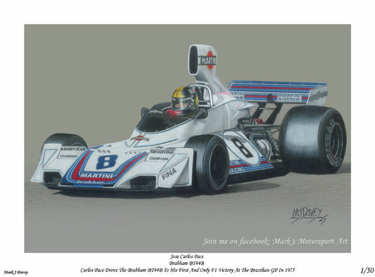 Brabham BT44B with Carlos Pace at the wheel. Limited Edition Giclee print with COA. Only 50 will be produced.