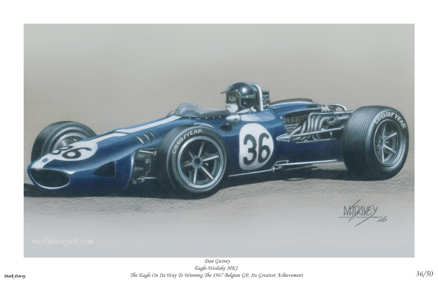 Dan Gurney In His Eagle-Weslake MK1. Limited Edition Giclle Print with COA