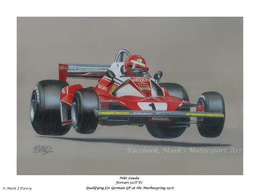 Niki Lauda in his Ferrari 312 T2 at The Nurburgring 1976. Giclee Print with Numbered Certificate of Authenticity
