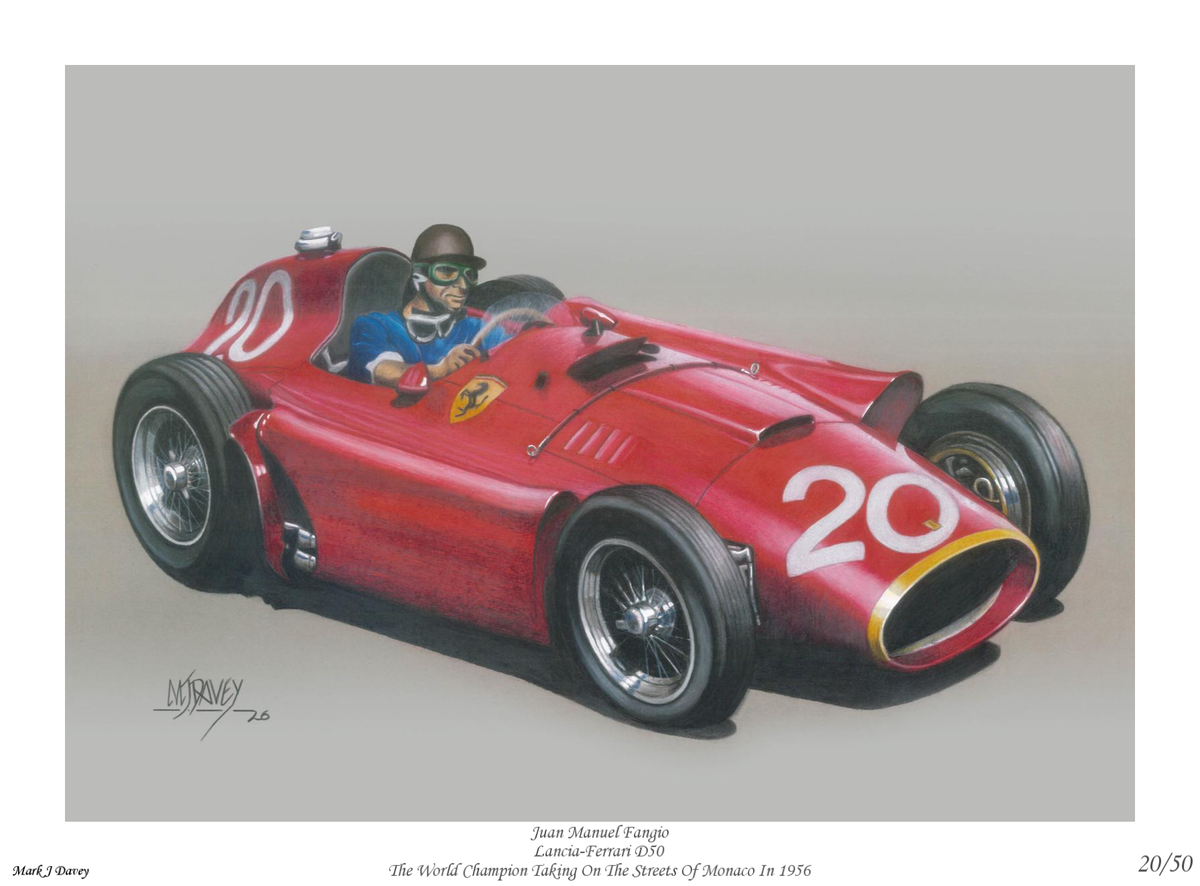 Lancia-Ferrari D50 With Jaun Manuel Fangio At The Wheel. Limited Edition Giclee Print With COA