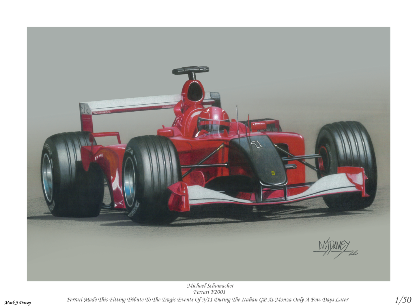 Ferrari F2001 - 9/11 Tribute with Michael Schimacher At The Wheel - Monza 2001 - Limited Edition Giclee Print With COA