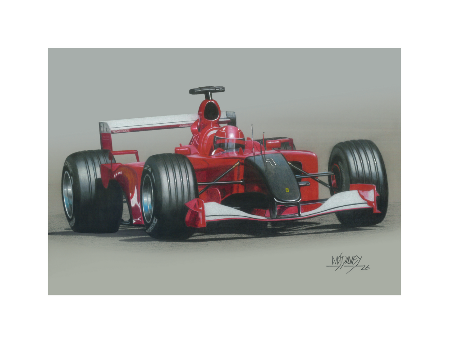 Ferrari F2001 - 9/11 Tribute with Michael Schumacher At The Wheel - Monza 2001. Small Giclee Print