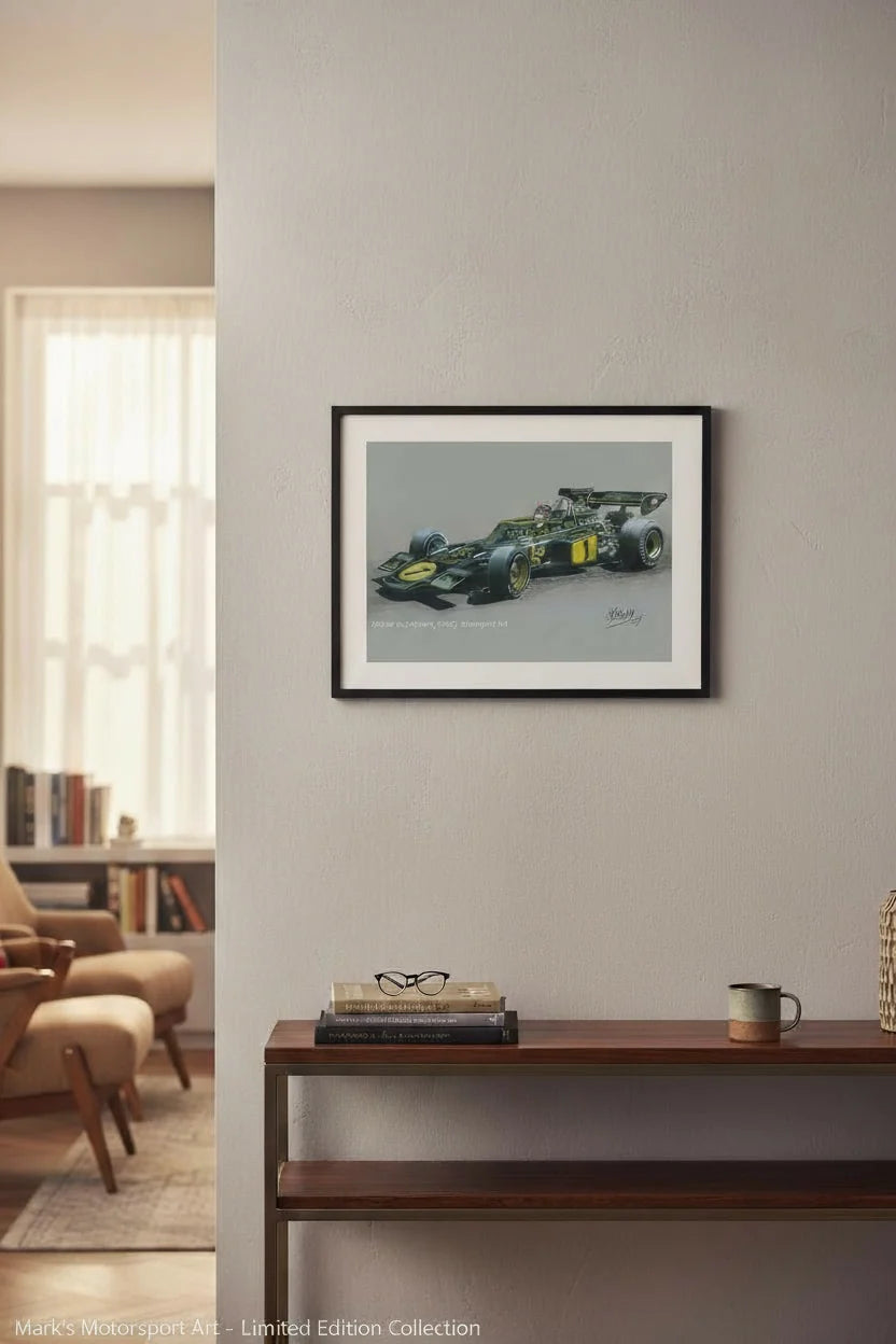 Lotus 72E With Emerson Fittipaldi At The Wheel, Limited Edition Giclee Print With COA.