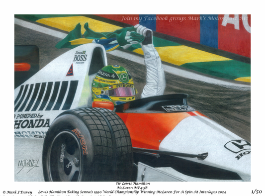 Lewis Hamilton Driving Ayrton Senna's McLaren MP4/5B, Limited Edition Giclee Print Only 50 will ever be produced.
