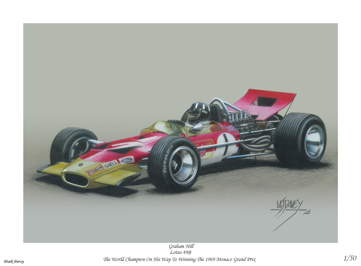 Graham Hill In His Lotus 49B - Limited Editon Giclee Print With COA