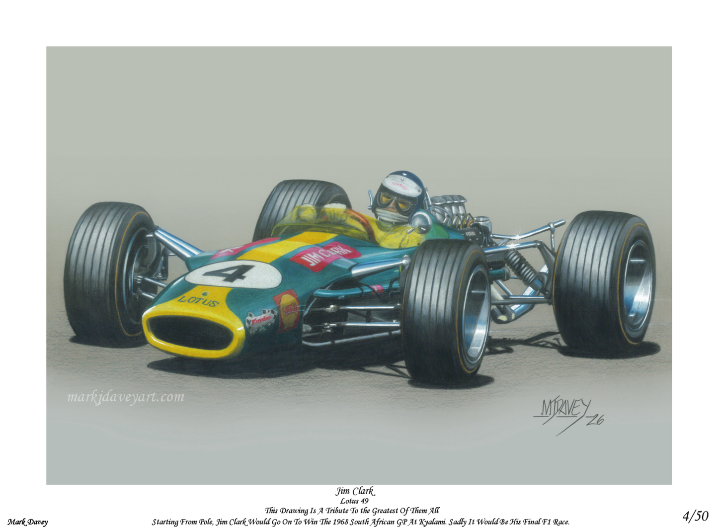 Lotus 49 With Jim Clark At The Wheel, Limited Edition Numbered Giclee Print With COA.