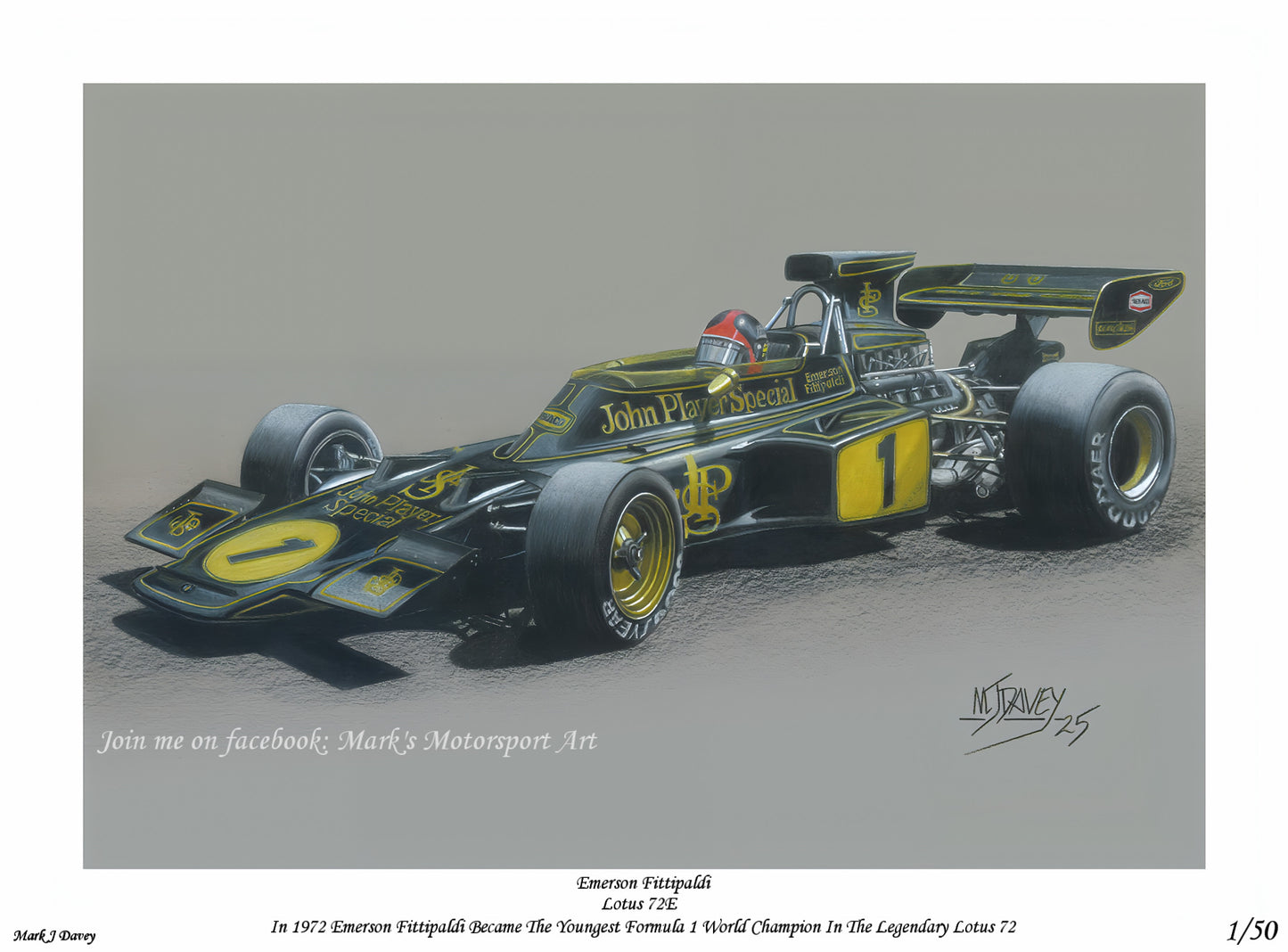 Lotus 72E With Emerson Fittipaldi At The Wheel, Limited Edition Giclee Print With COA.
