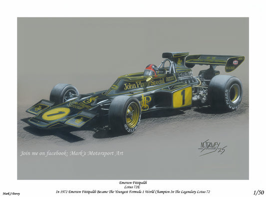 Lotus 72E With Emerson Fittipaldi At The Wheel, Limited Edition Giclee Print With COA.