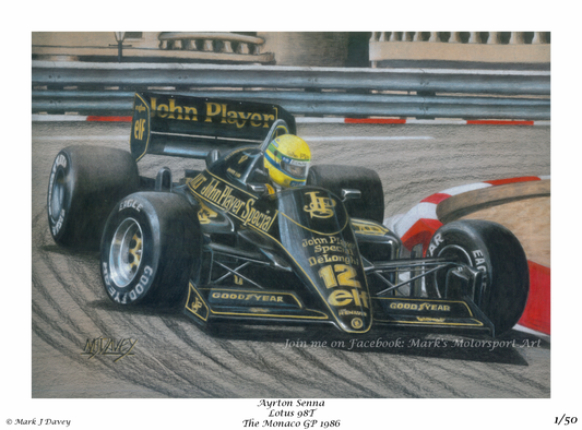 Ayrton Senna in His 1986 Lotus 98T at the Monaco GP 1986. Limited Edtition Giclee Print with COA.
