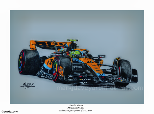 Lando Norris In His McLaren MCL60 Celebrating 60 Years Of McLaren, Fine Art Giclee Print by Artist Mark J Davey With Numbered C.O.A.