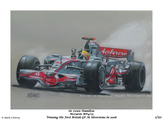 Lewis Hamilton in his McLaren MP4/23 Winning His First British GP in 2008. Limited Edition Giclee Print with COA. Only 50 will ever be produced