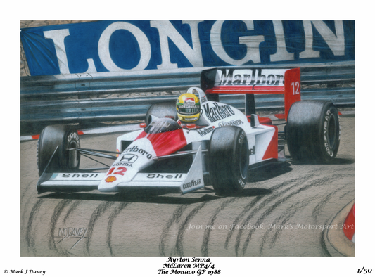 Ayrton Senna in His McLaren MP4/4 at The Monaco GP 1988. Limited Edition Giclee Print with COA.