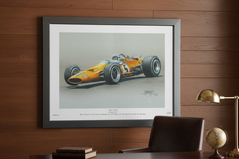 McLaren M7A With Bruce McLaren at The Wheel, Limited Edition Numbered Giclee Print with COA
