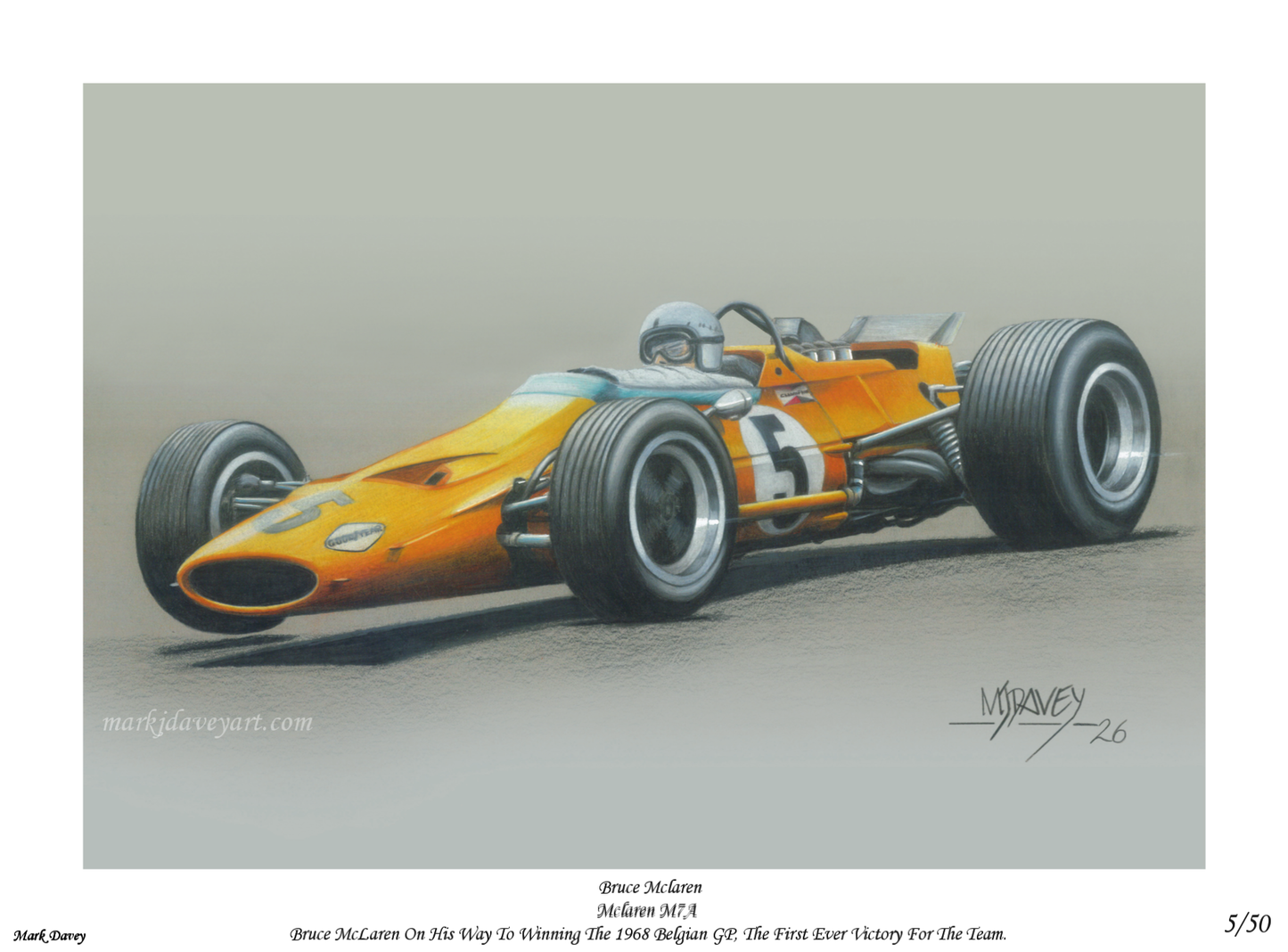 McLaren M7A With Bruce McLaren at The Wheel, Limited Edition Numbered Giclee Print with COA