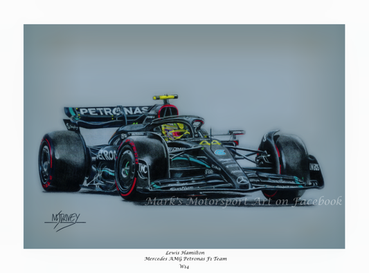 Lewis Hamilton In His Mercedes W14 From 2023, Fine Art Giclee Print by Artist Mark J Davey With Numbered COA