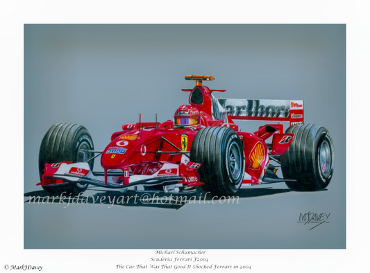 Giclee Print of Michael Schumacher in the mighty Ferrari F2004 by Artist Mark J Davey
