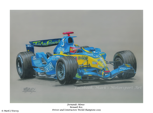 Limited Edition Giclee Print Only 50 Will Ever Be Produced, Fernando Alonso in his 2005 World Championship Winning Renalt R25 with numbered Certificate of Authenticity