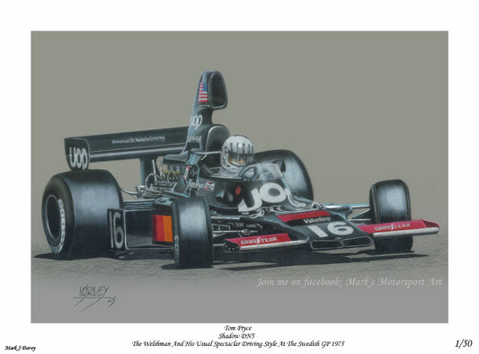 The Shadow DN5 with Tom Pryce at the wheel, Limited Edition Giclee Print with COA. Only 50 of these numbered prints will be made available.