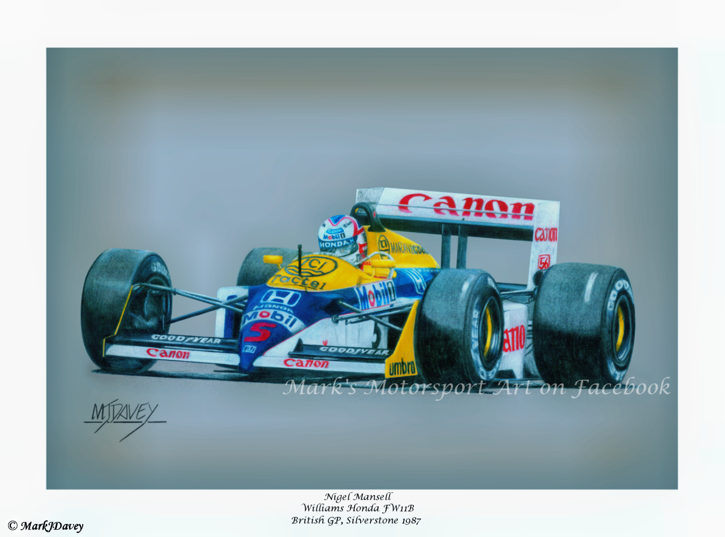 Nigel Mansell in his Williams FW11B at Silverstone 1987, Limited Edition Giclee prints by Artist Mark J Davey with Numbered COA