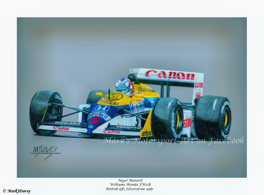 Nigel Mansell in his Williams FW11B at Silverstone 1987, Limited Edition Giclee prints by Artist Mark J Davey with Numbered COA