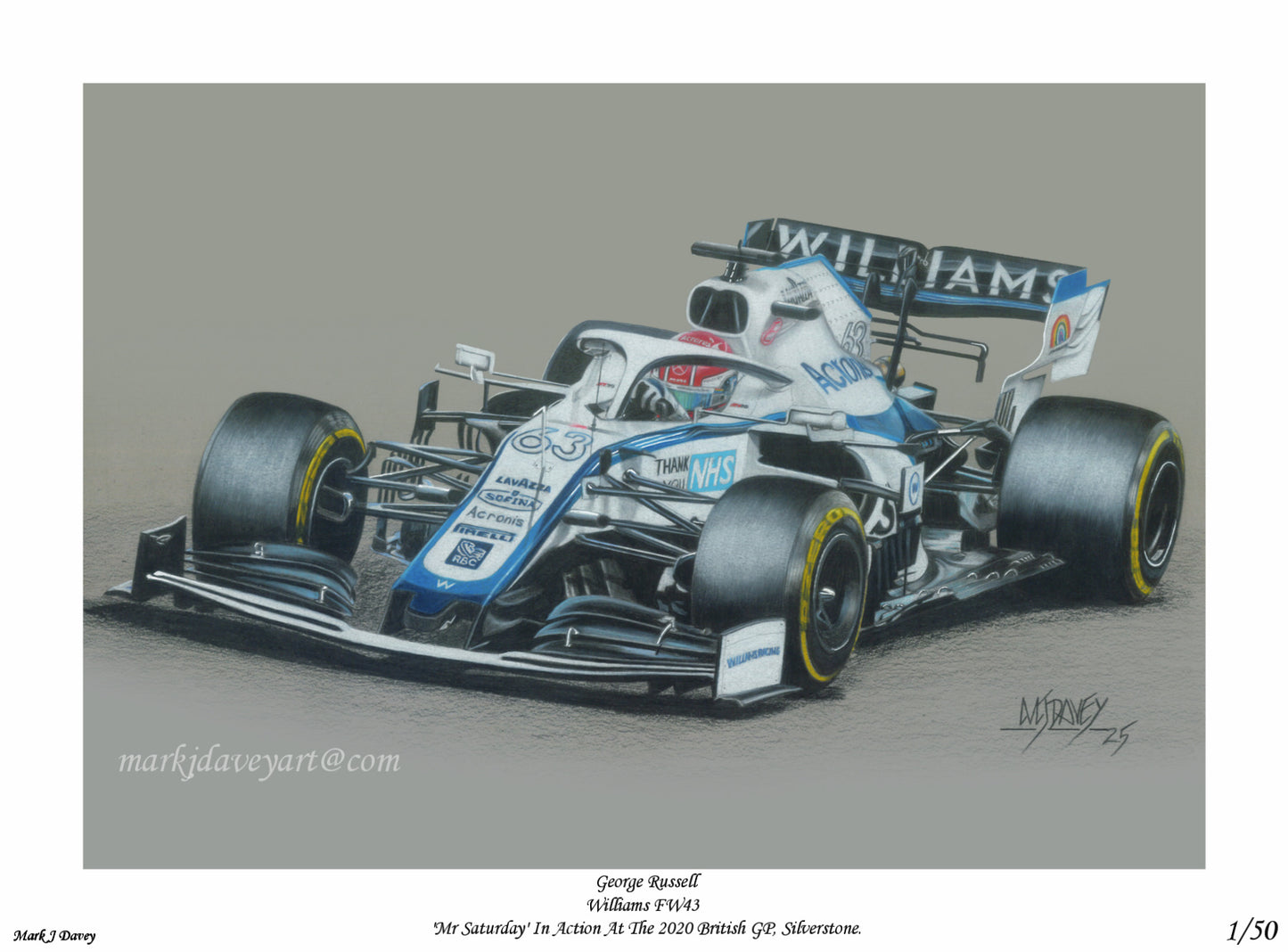 Williams FW43 With George Russell At The Wheel. Limited Edition Giclee Print With COA